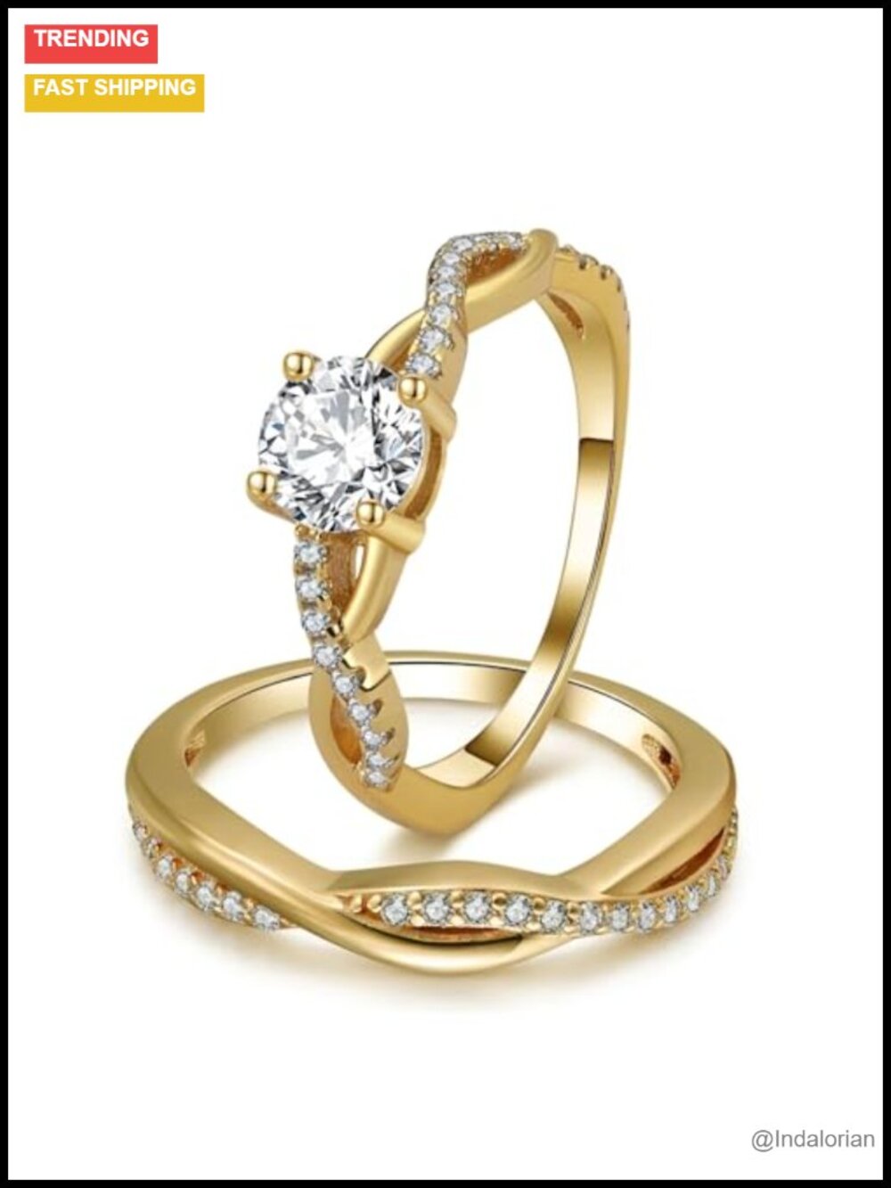 Sterling Silver 14k Gold Plated Wedding Ring Set CZ Solitaire Bridal